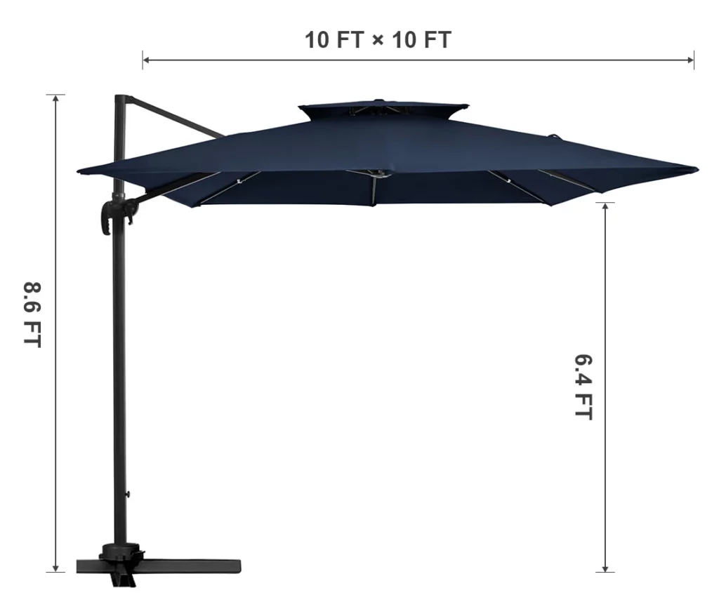 10 x 10 ft Double Top Square Cantilever Umbrella Dimension