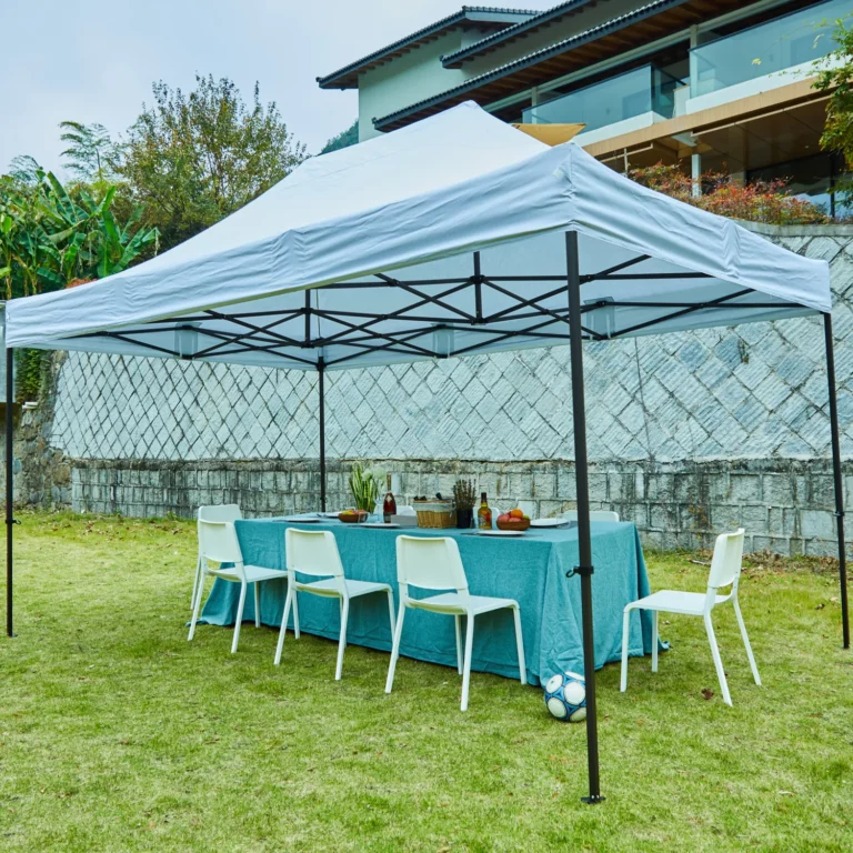 10 x 15ft Rectangle Pop Up Canopy Tent-Royal Blue covering dining table and dining chairs