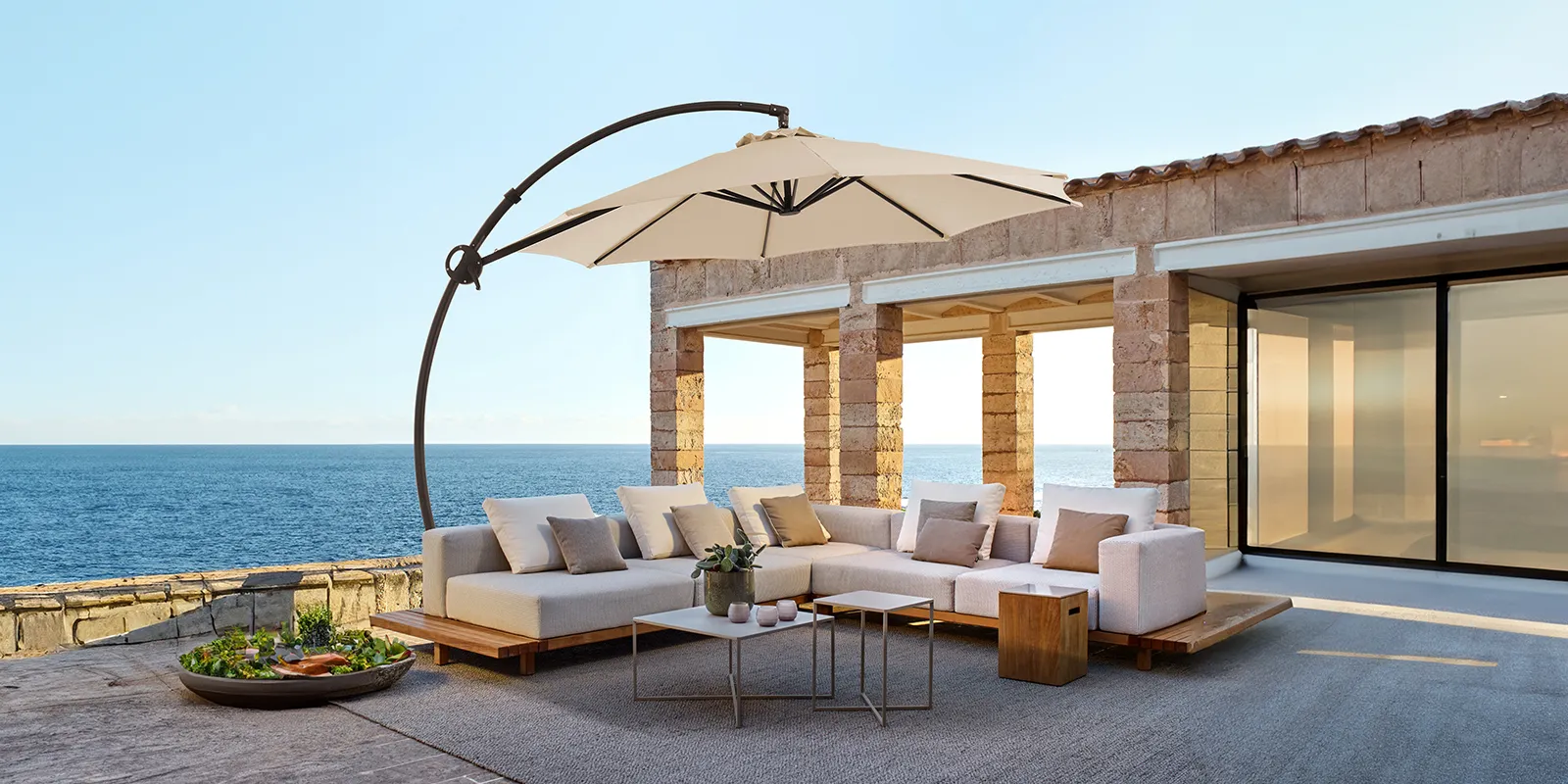 11 ft Round Curved Offset Hanging Umbrella Shades Sofa Set by the Sea
