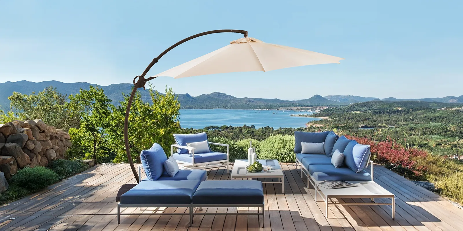 11 ft Round Curved Offset Hanging Umbrella with Base Shades Sofa Set