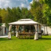 13 x 13 ft Square Pop-up Gazebo with Mosquito Netting-Dark Brown in the backyard