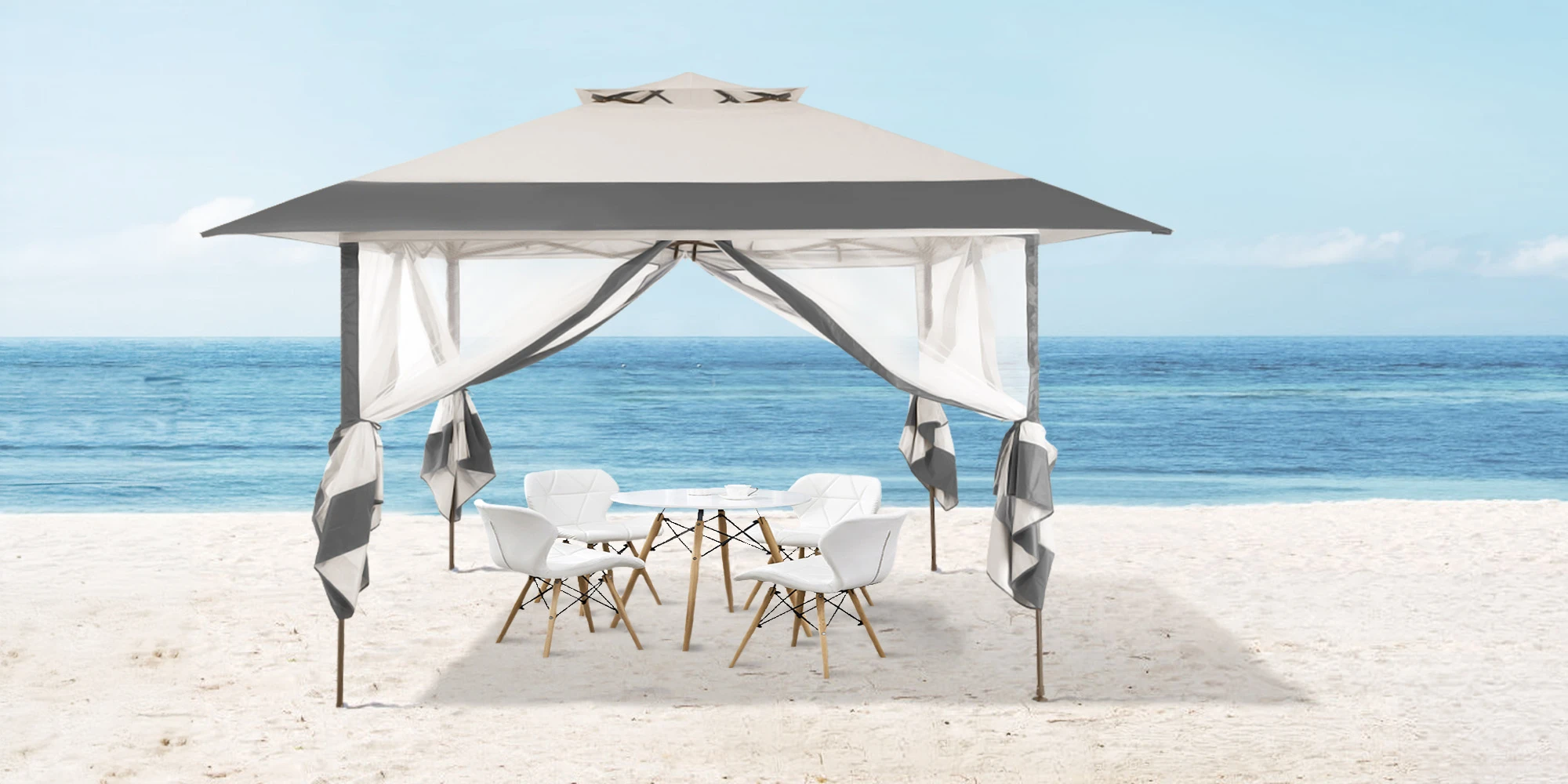 13 x 13 ft Square Pop-up Gazebo with Mosquito Netting by the Sea
