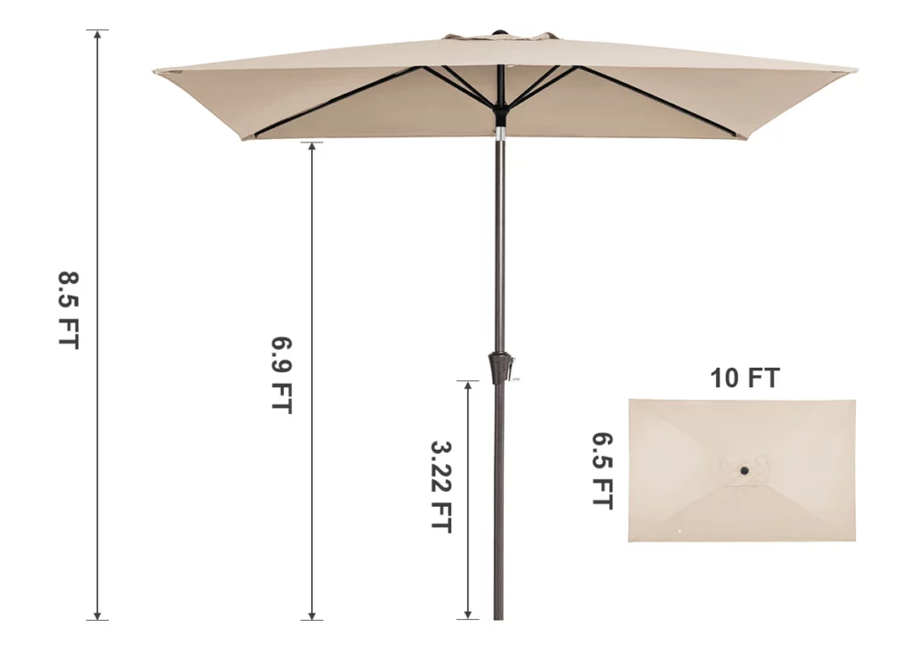 6.5x10 ft Rectangular Tilt Patio Umbrellas Dimension