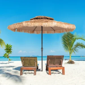 9 ft Double Top Round Thatched Tiki Umbrella on the Beach