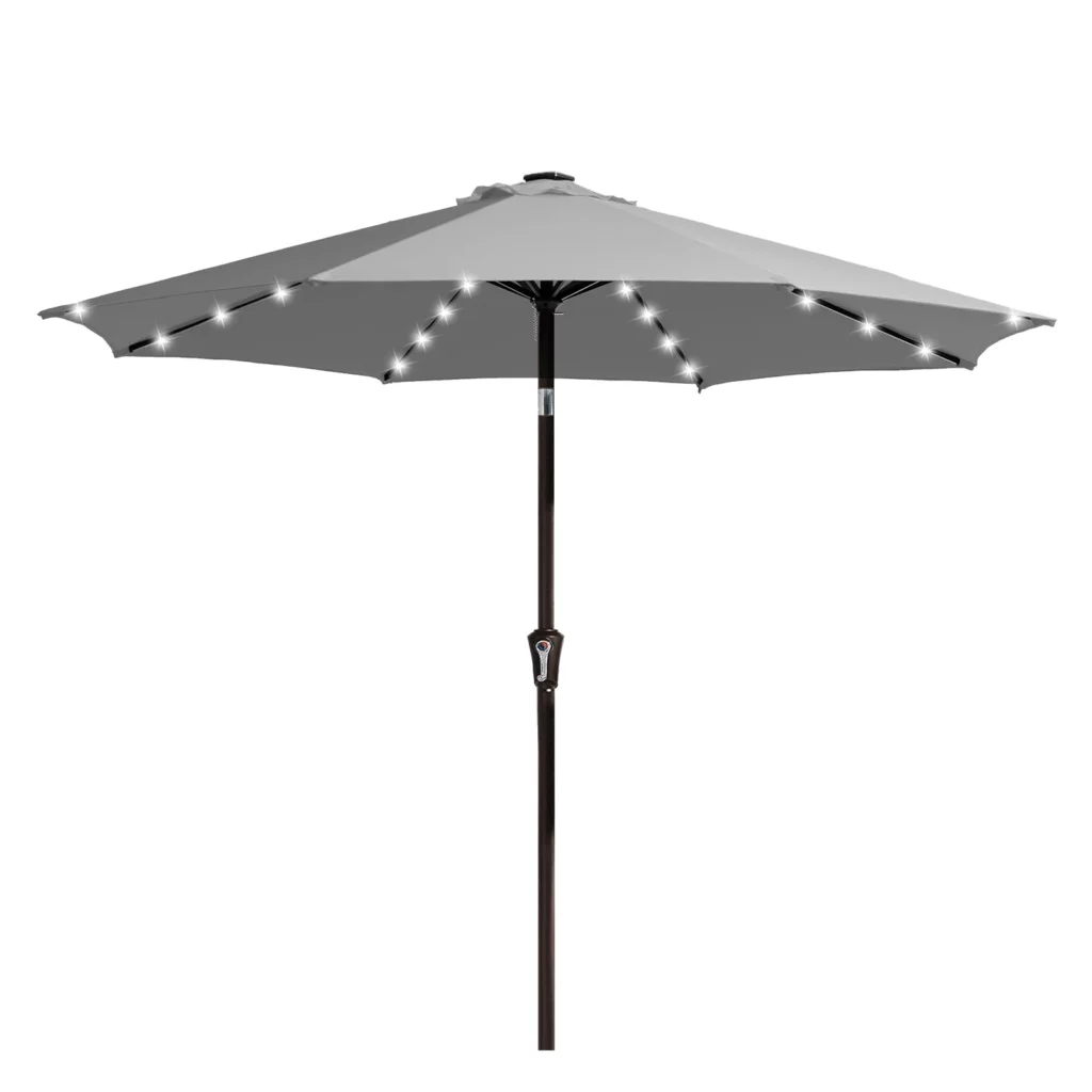 9ft Round Tilt Patio Umbrella with Solar LED Light - Light Gray
