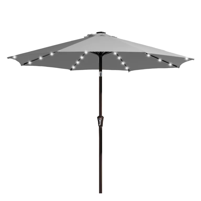 9ft Round Tilt Patio Umbrella with Solar LED Light - Light Gray