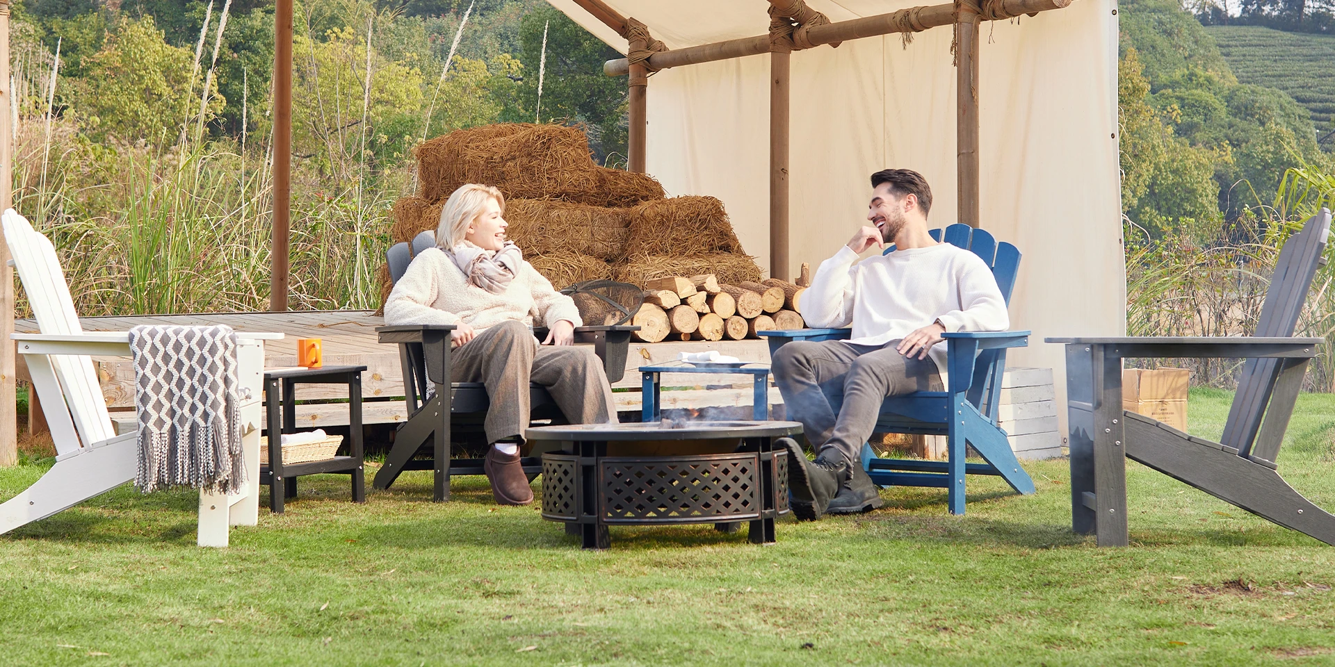 A Couple Chatting on the Vintage HDPE Poly Adirondack Chairs Set