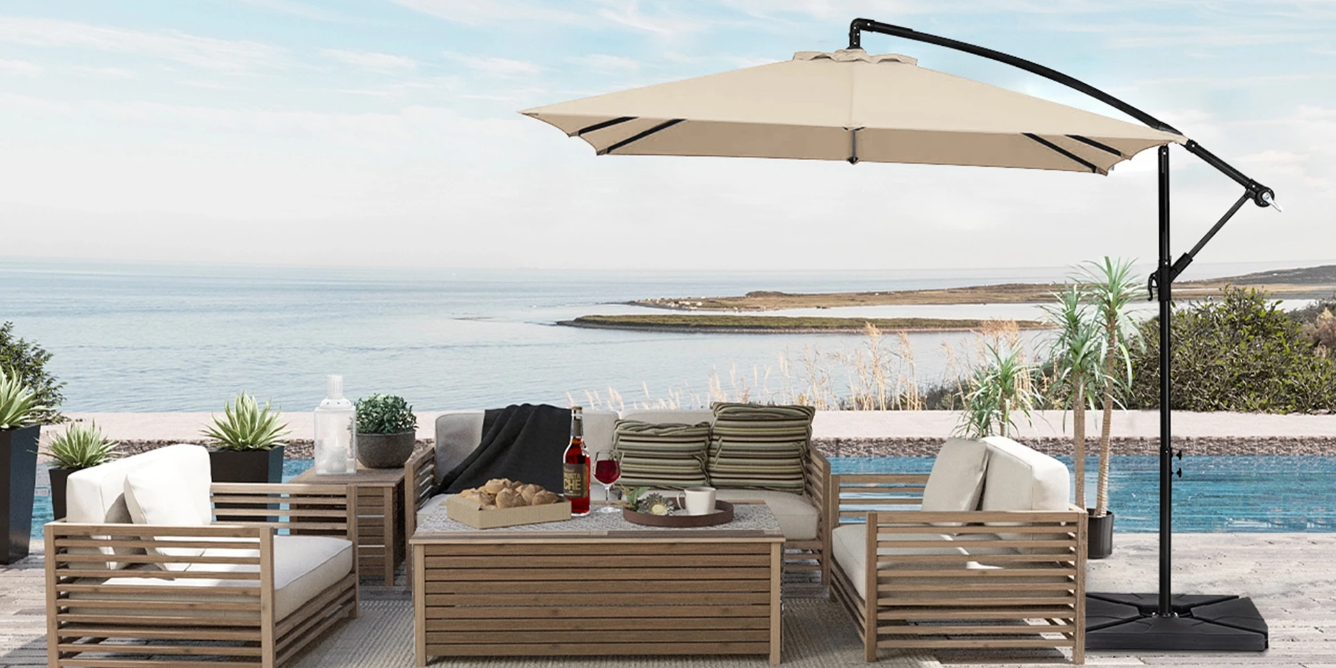 Beige 8 x 8 ft Square Offset Hanging Umbrella with Base Shades Sectional Sofa