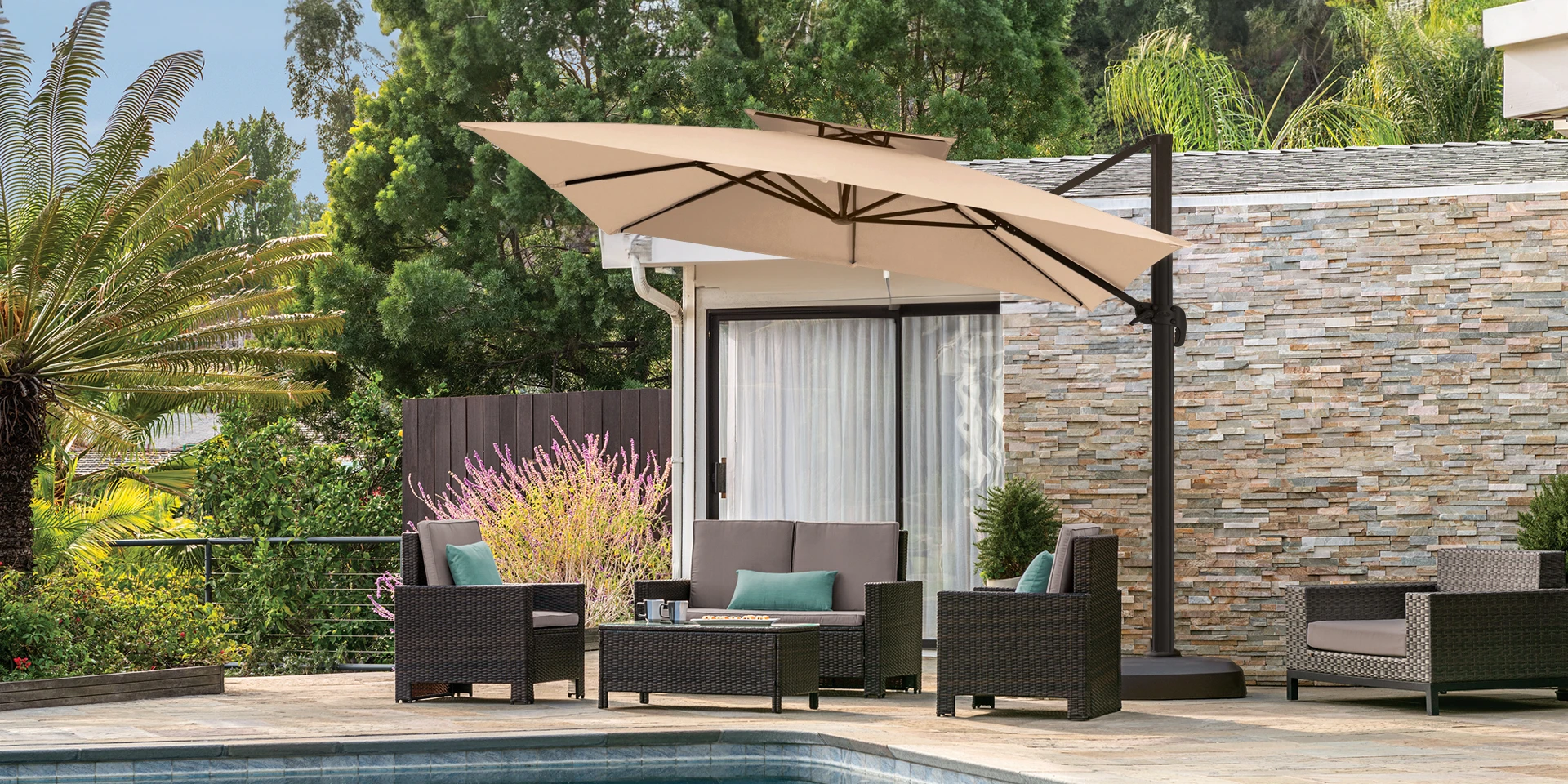 Beige Double Top Square Cantilever Umbrella Shades Sectional Sofa Set
