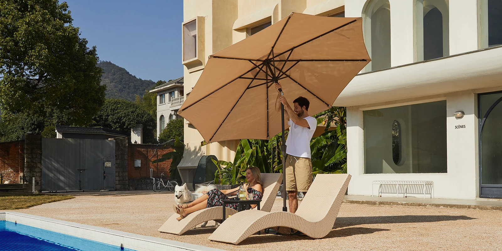 Beige Round Tilt Patio Umbrella with Solar LED Light