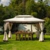 Front View of the 13 x 13 ft Square Pop-up Gazebo with Mosquito Netting-Dark Brown