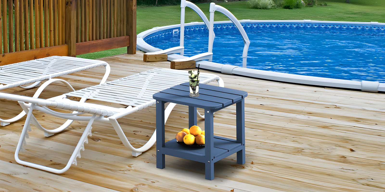 HIPS Poly Outdoor Two Tier Side Table Pair with Chaise Lounge