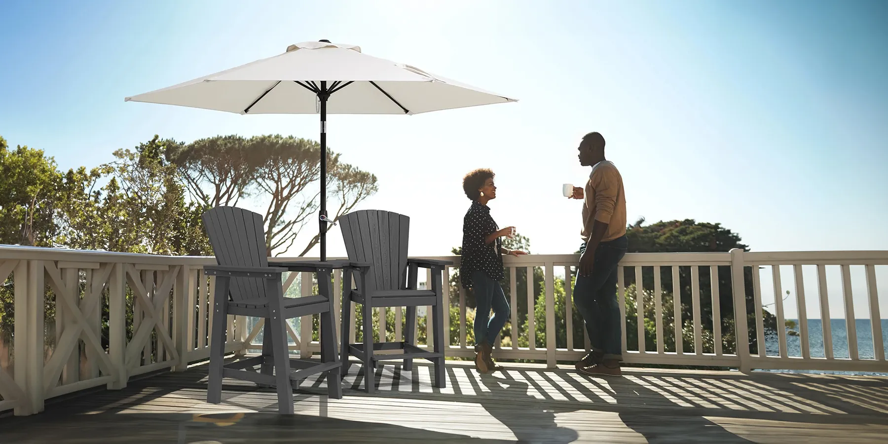 Joint Bar Height Adirondack Chairs with Connecting Table pair with Umbrella