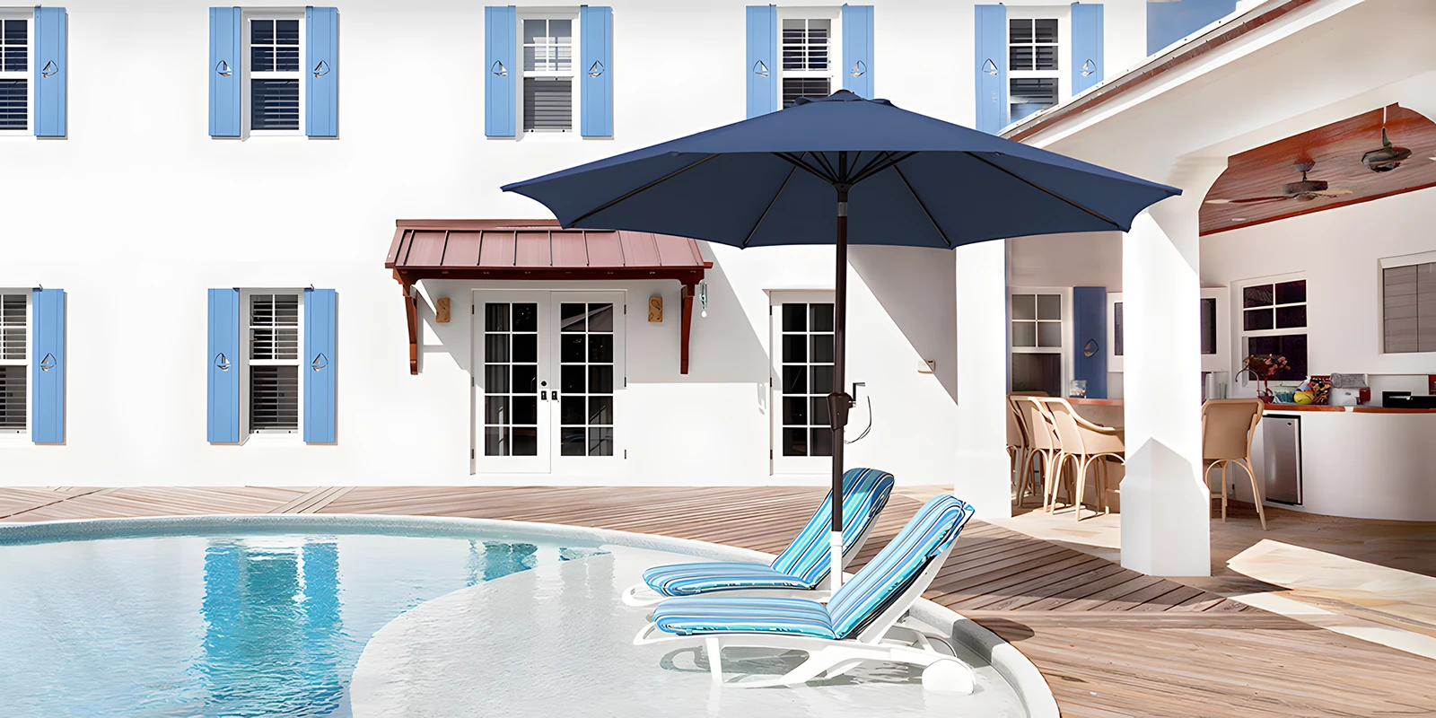 Olefin 10 ft Round Auto Tilt Patio Umbrella Pairs By the Pool