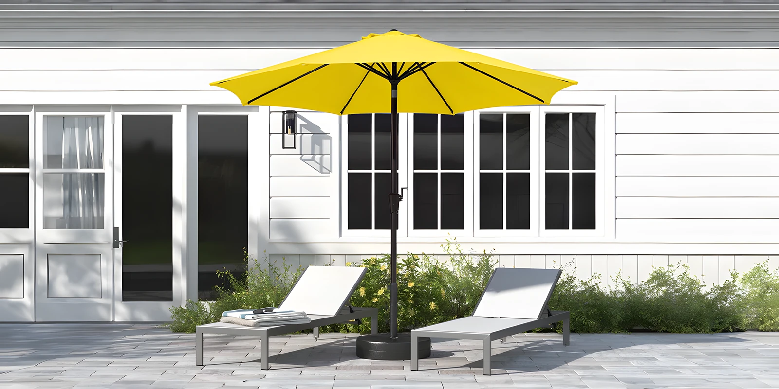 Olefin 10 ft Round Auto Tilt Patio Umbrella Pairs with Chaise Lounge