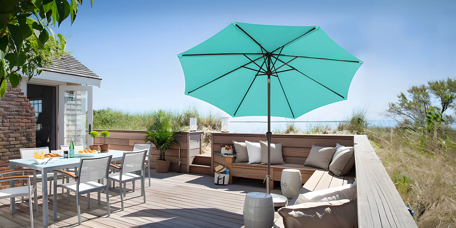 Olefin 10 ft Round Auto Tilt Patio Umbrella Pairs with Outdoor Sofa Set