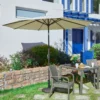 Olefin 10ft Round Auto Tilt Patio Umbrella-Creamy White with outdoor chair sets