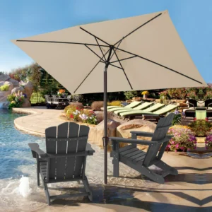 Olefin 6.5 x 10 ft Rectangle Auto Tilt Patio Umbrella Pair with Adirondack Chairs
