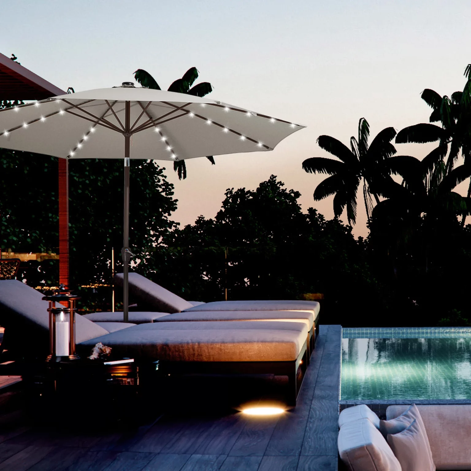 Round Tilt Patio Umbrella with Solar LED Light by the pool at night