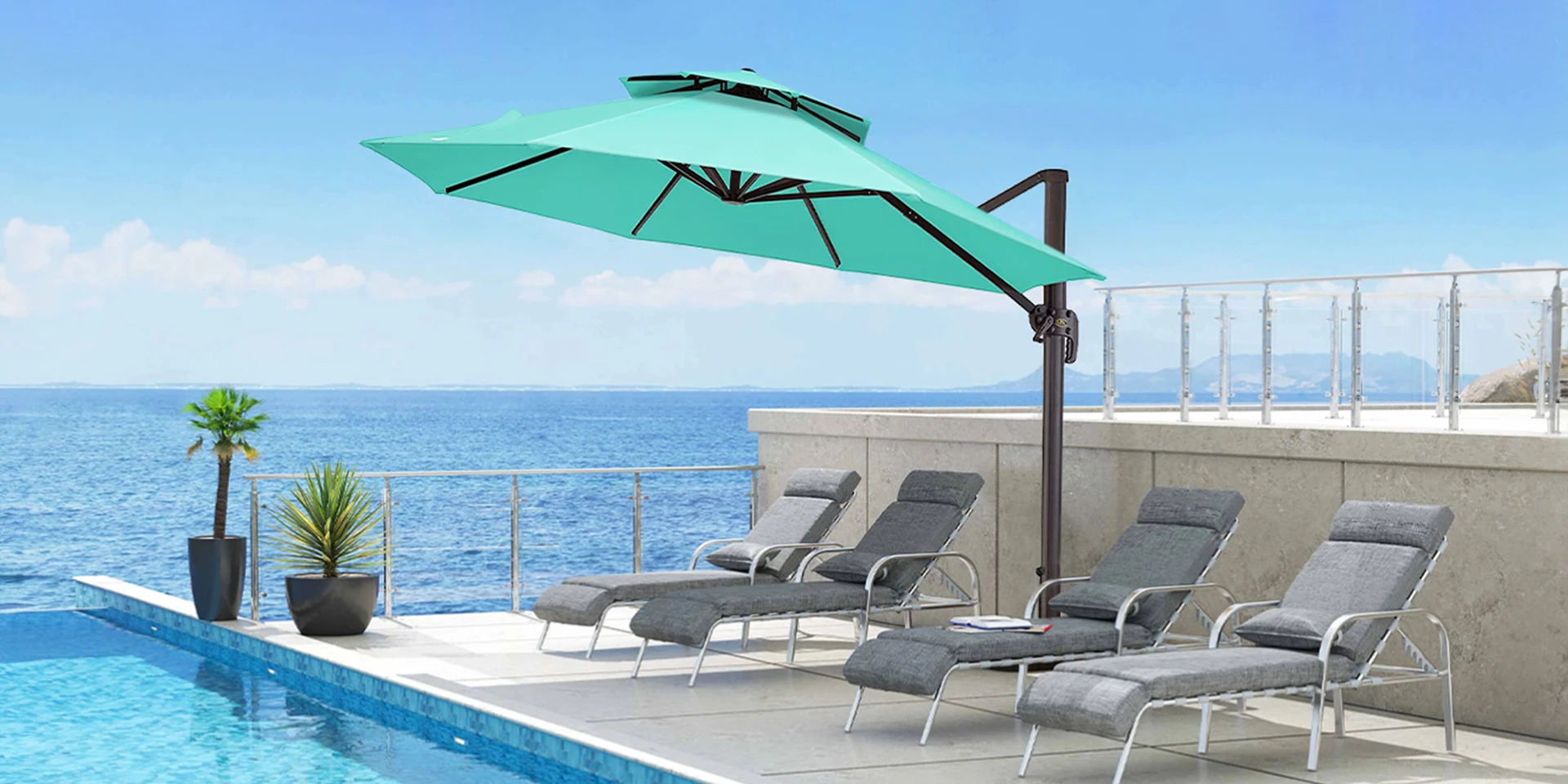 The blue 11 FT Cantilever Umbrella provides shade for the lounge chairs by the pool.