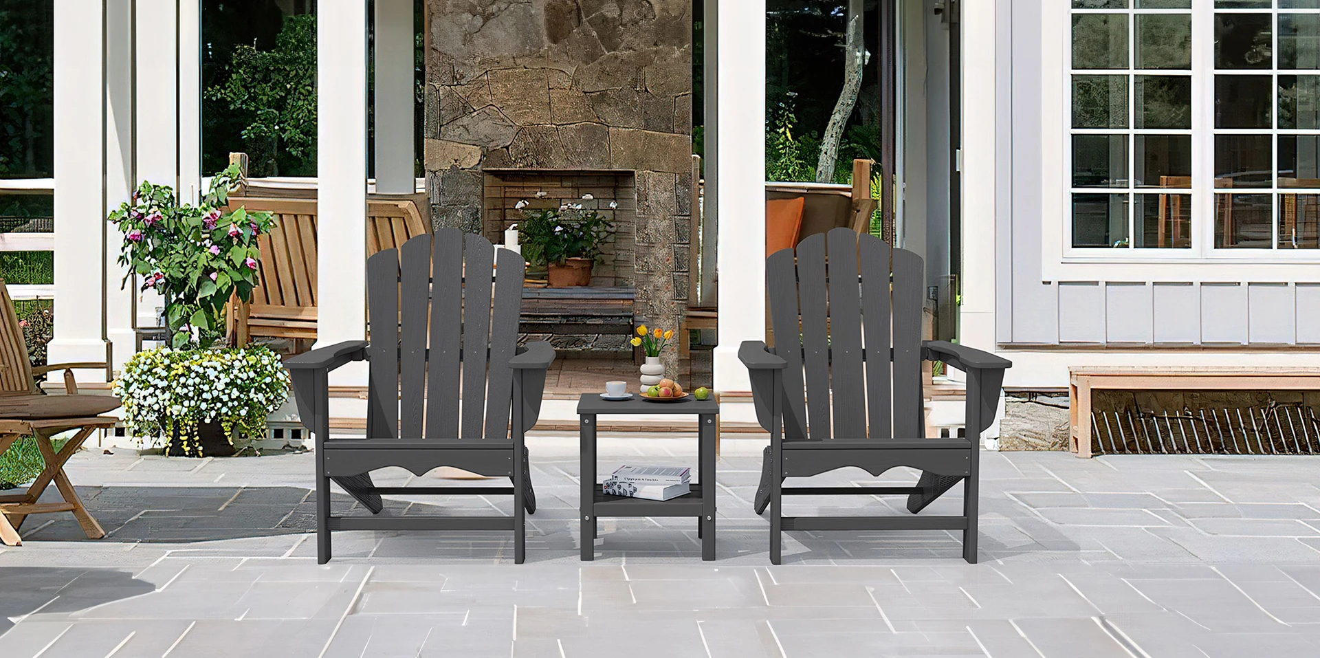Two Gray Vintage HDPE Poly Adirondack Chairs with Side Table