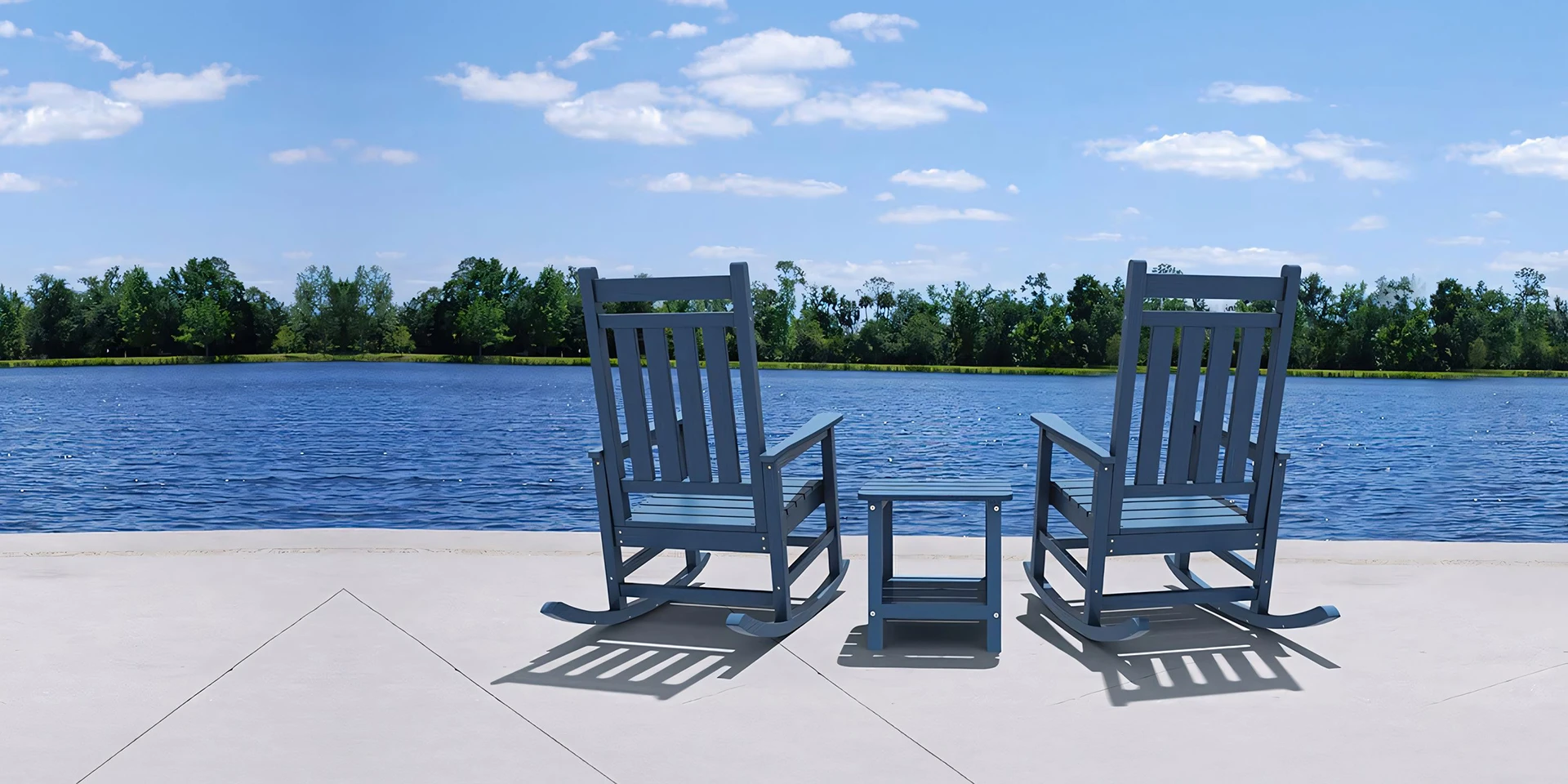 Two Navy Presidential Rocking Chairs by the Lake