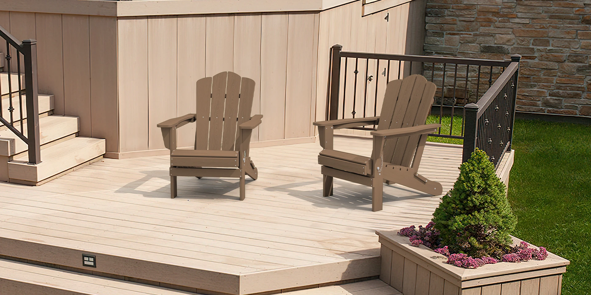 Two brown vintage folding Adirondack chairs on the porch