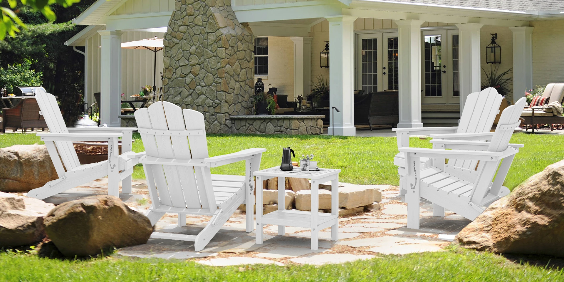 White vintage folding Adirondack chairs set in patio