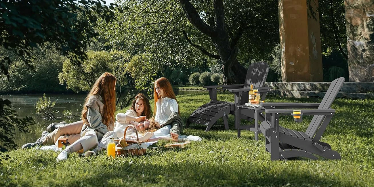 5-pieces reclining Adirondack chairs set by the lake