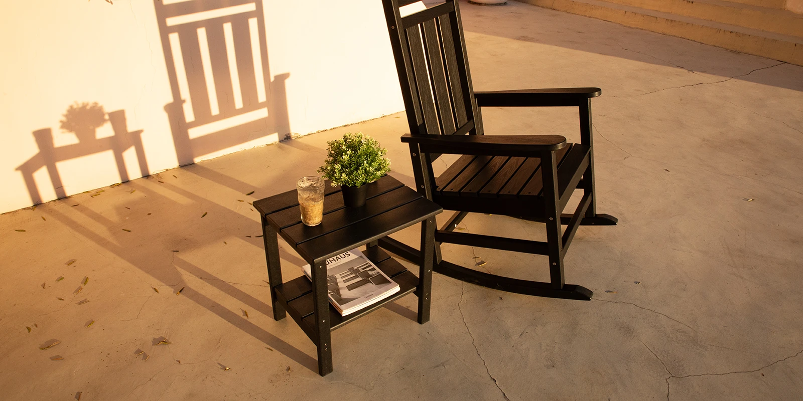 Black HDPE Plastic Outdoor Two Tire Side Table Pair with Rocking Chair