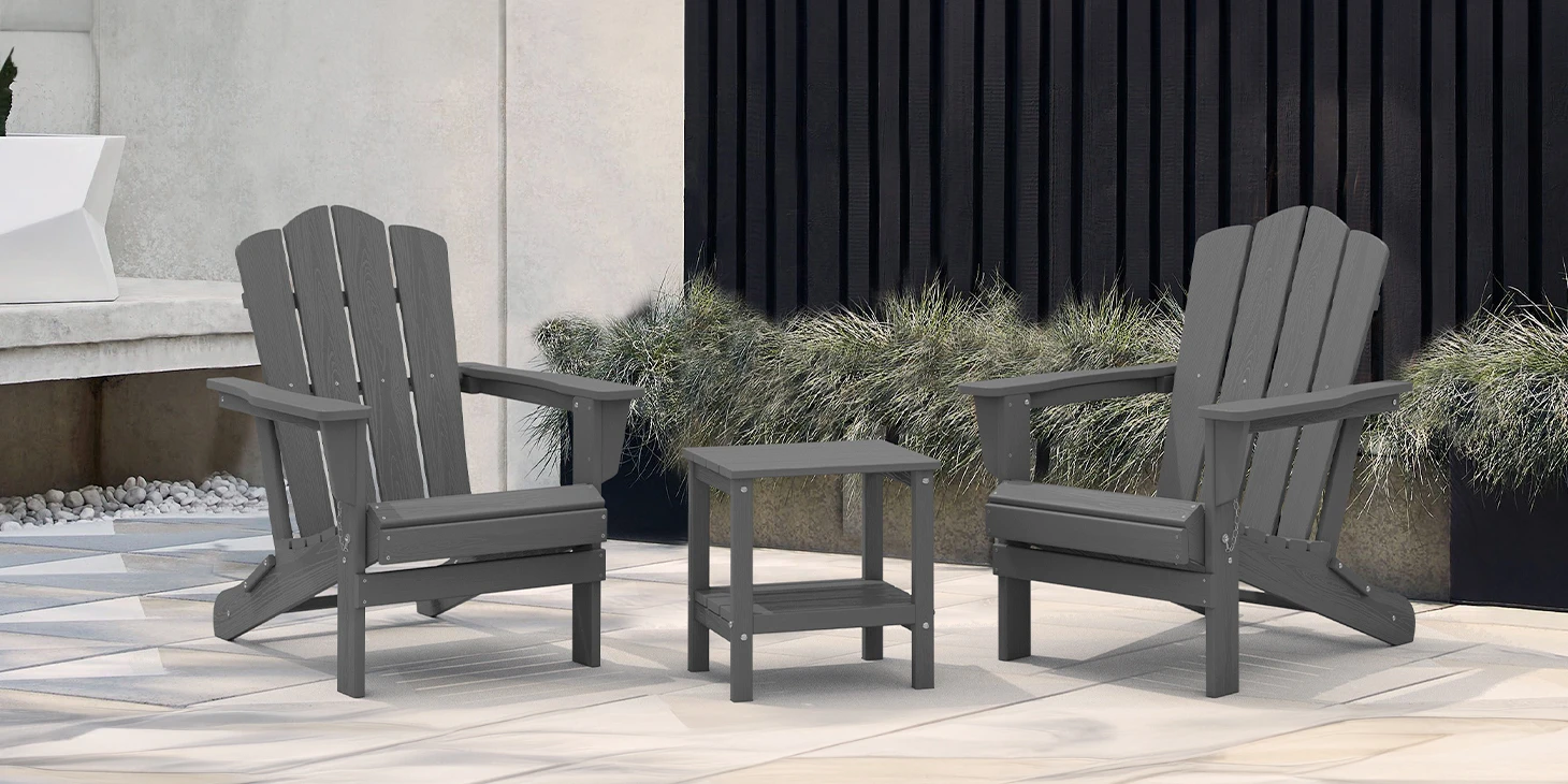 Black HDPE Poly Outdoor Two Shelf Side Table Pair with Adirondack Chairs
