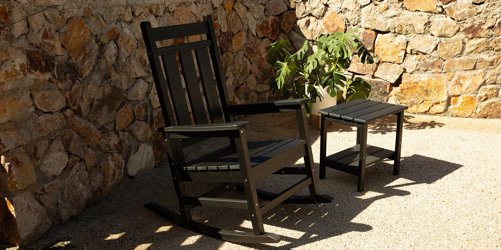 Black HDPE Poly Outdoor Two Shelf Side Table Pair with Rocking Chair