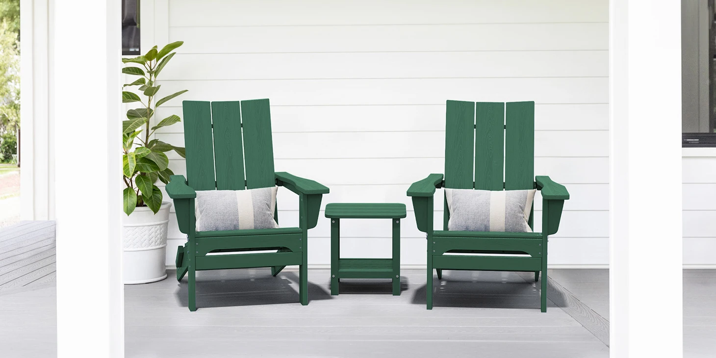 Two Green Modern Folding Adirondack Chairs Pair with Side Table