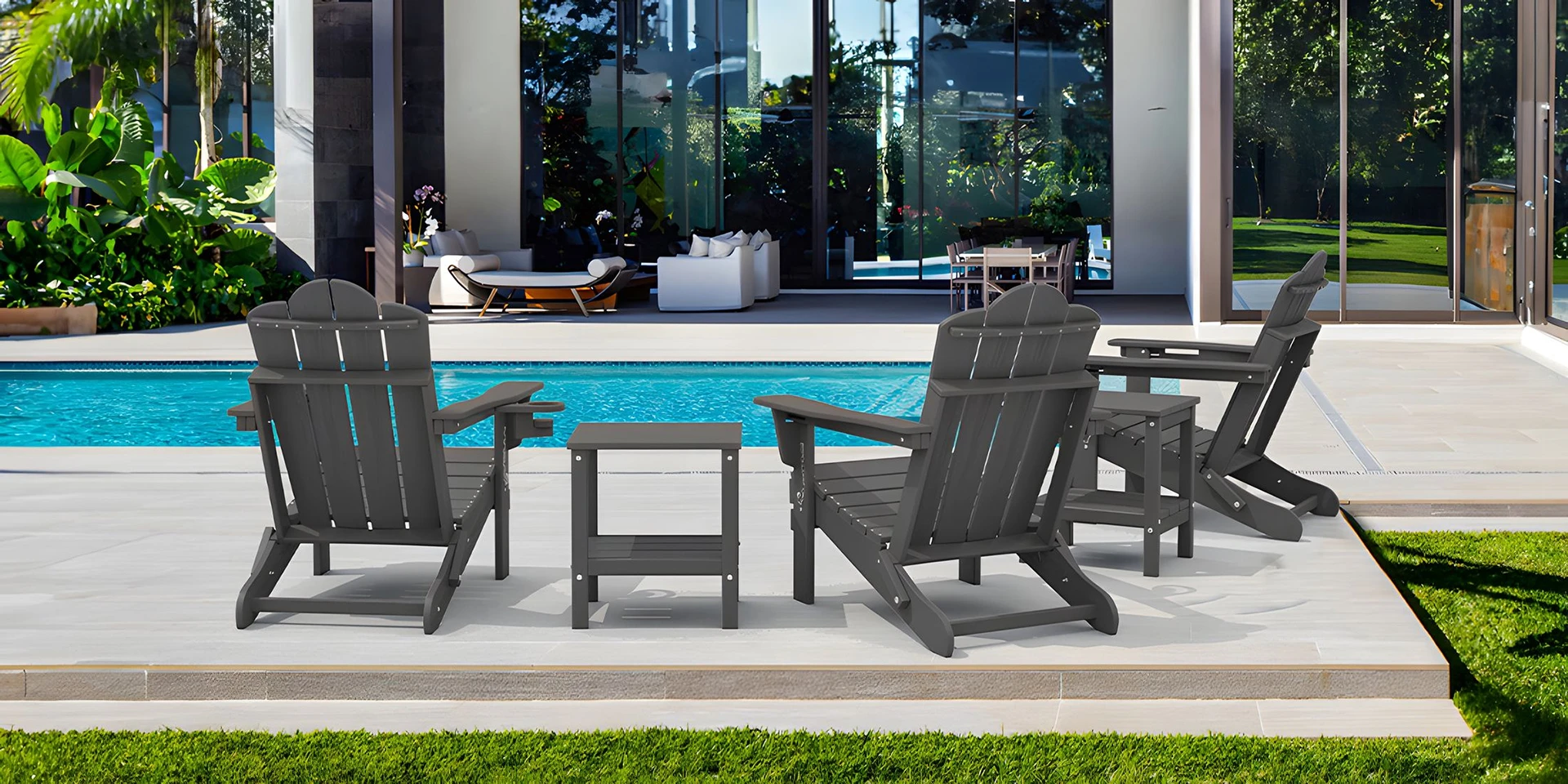 Three Vintage Reclining Adirondack Chairs pair with Side Tables