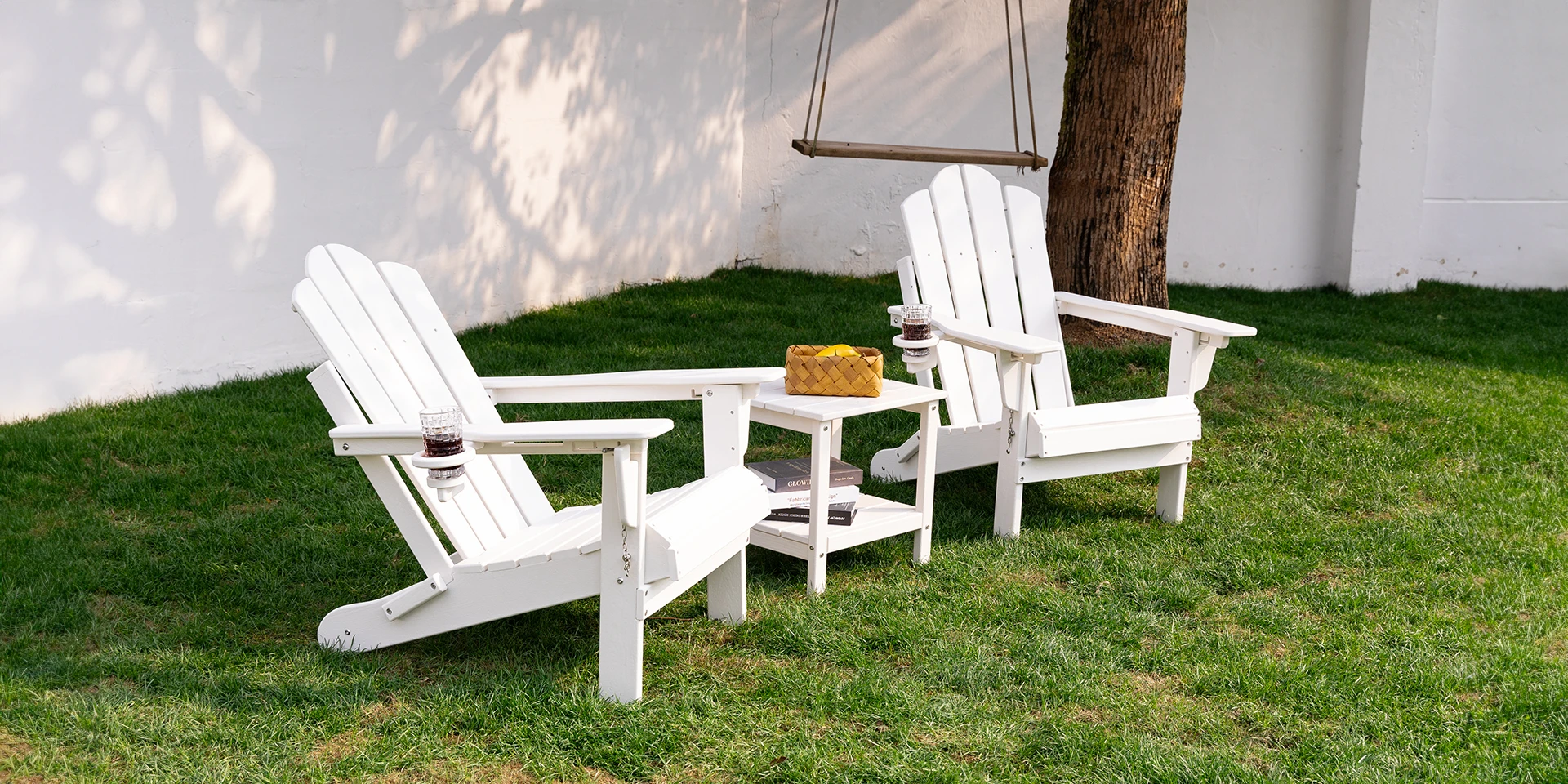Two White Vintage Reclining Adirondack Chairs under the tree (1)