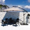 10ft Round Offset Hanging Umbrella with Base-Beige in the backyard