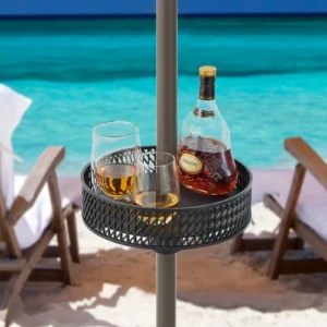 A 13-inch patio umbrella table tray holds a bottle of whiskey and two glasses filled with whiskey.