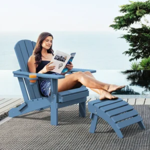 A woman sit on the adirondack chair pair with ottoman reading
