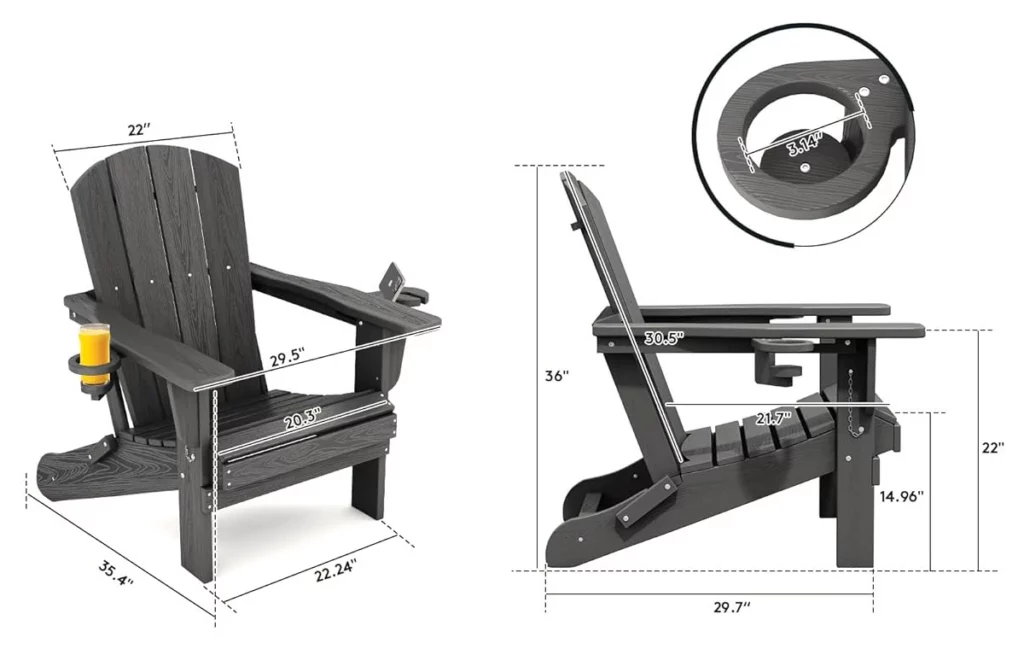 Classic Folding Adirondack Chair with Two Cup Holders - Dimension