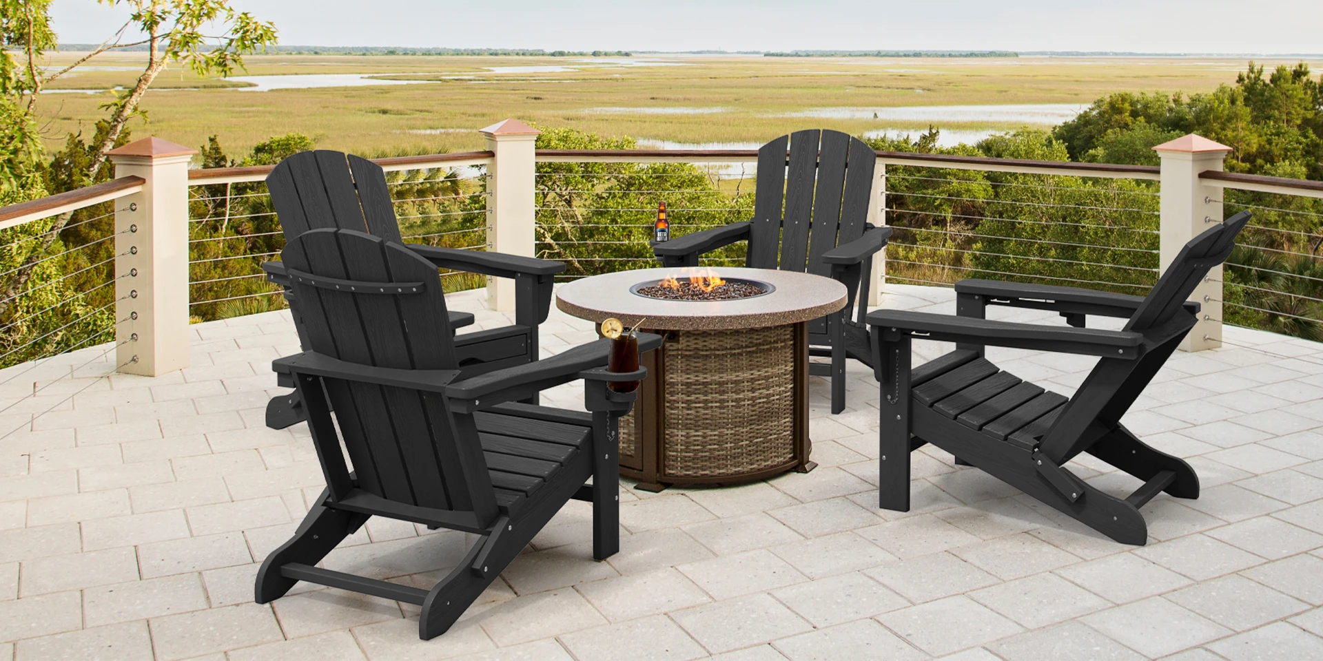 Four Black Reclining Folding Adirondack Chair with Ottoman