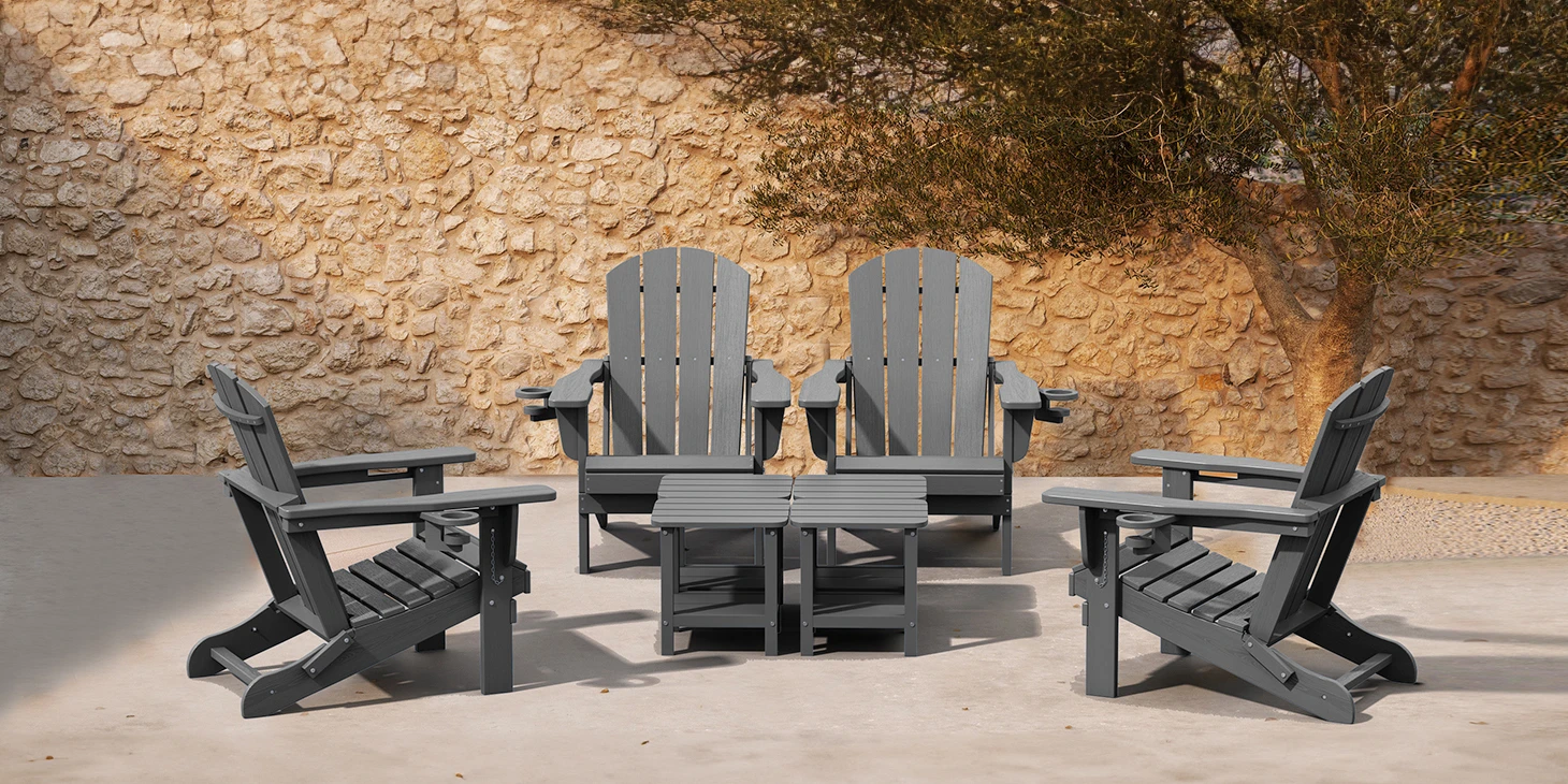 Four Classic Folding Adirondack Chairs Pair with Side Tables
