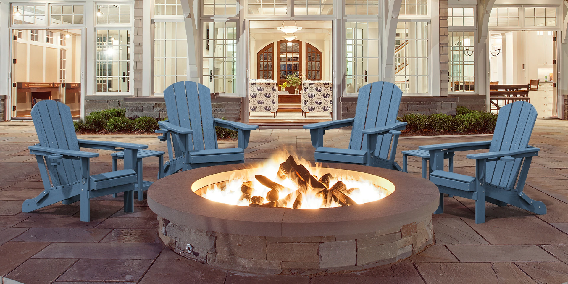 Four Classic Folding Adirondack Chairs with Cup Holders around fire pit