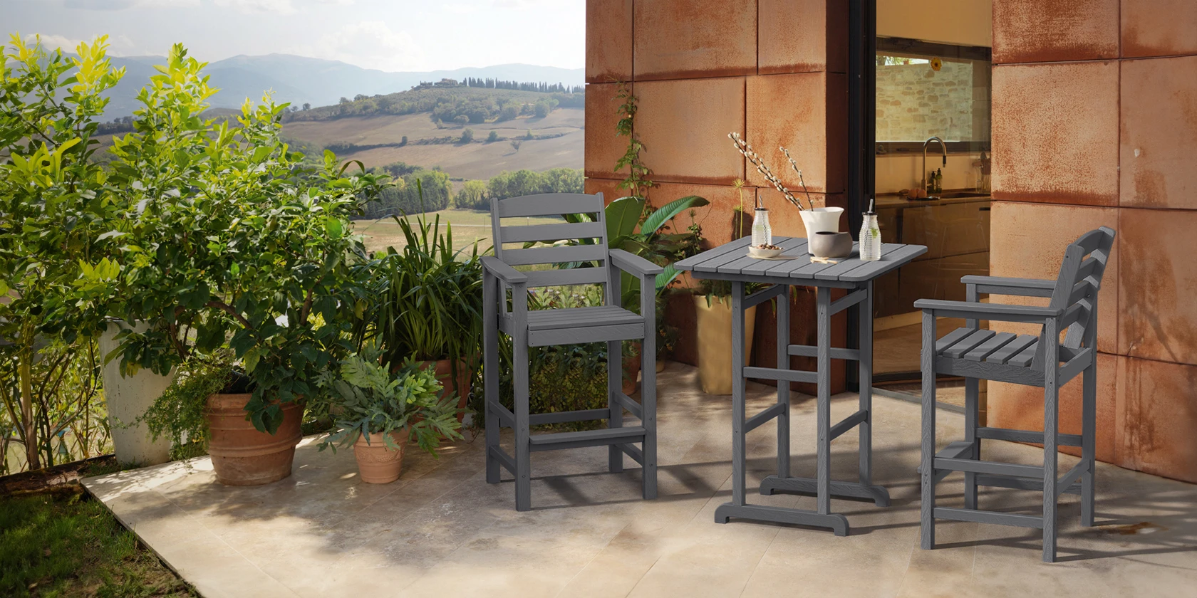 GRANGE-3-Piece-Square-Bar-Arm-Chair-Set-at-back-yard