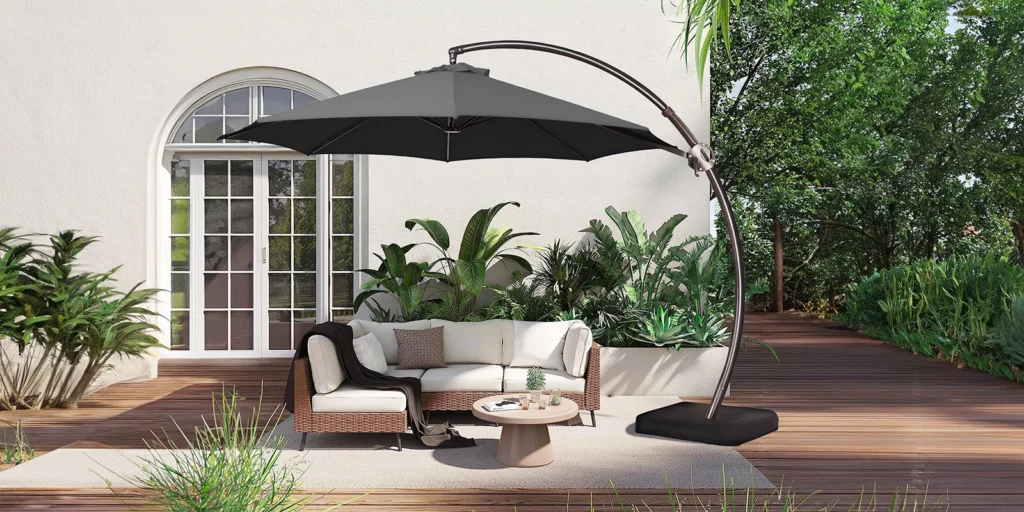 Black 12 ft offset umbrella shades sofa set