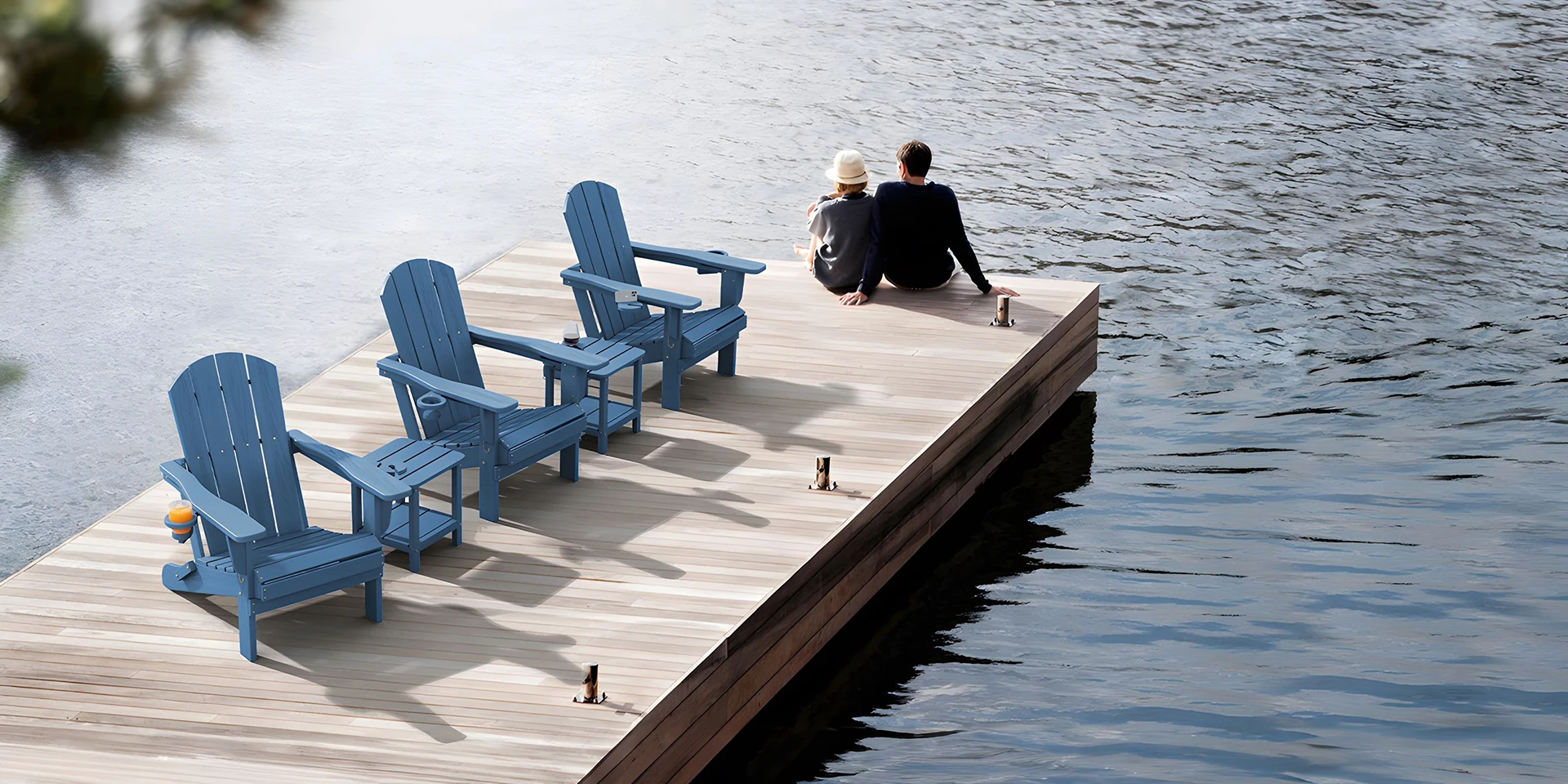 Three Classic Folding Adirondack Chairs by the Lake