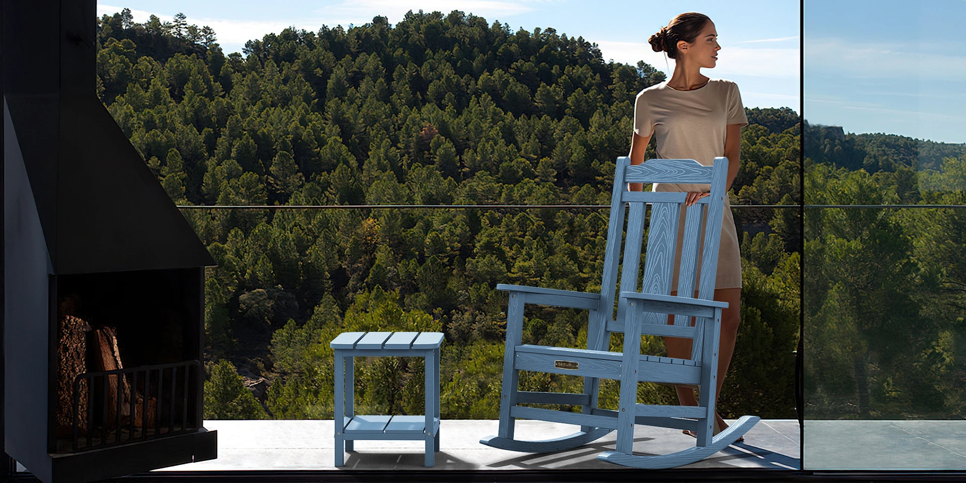 Traditional Porch Rocking Chair Pair with Side Table