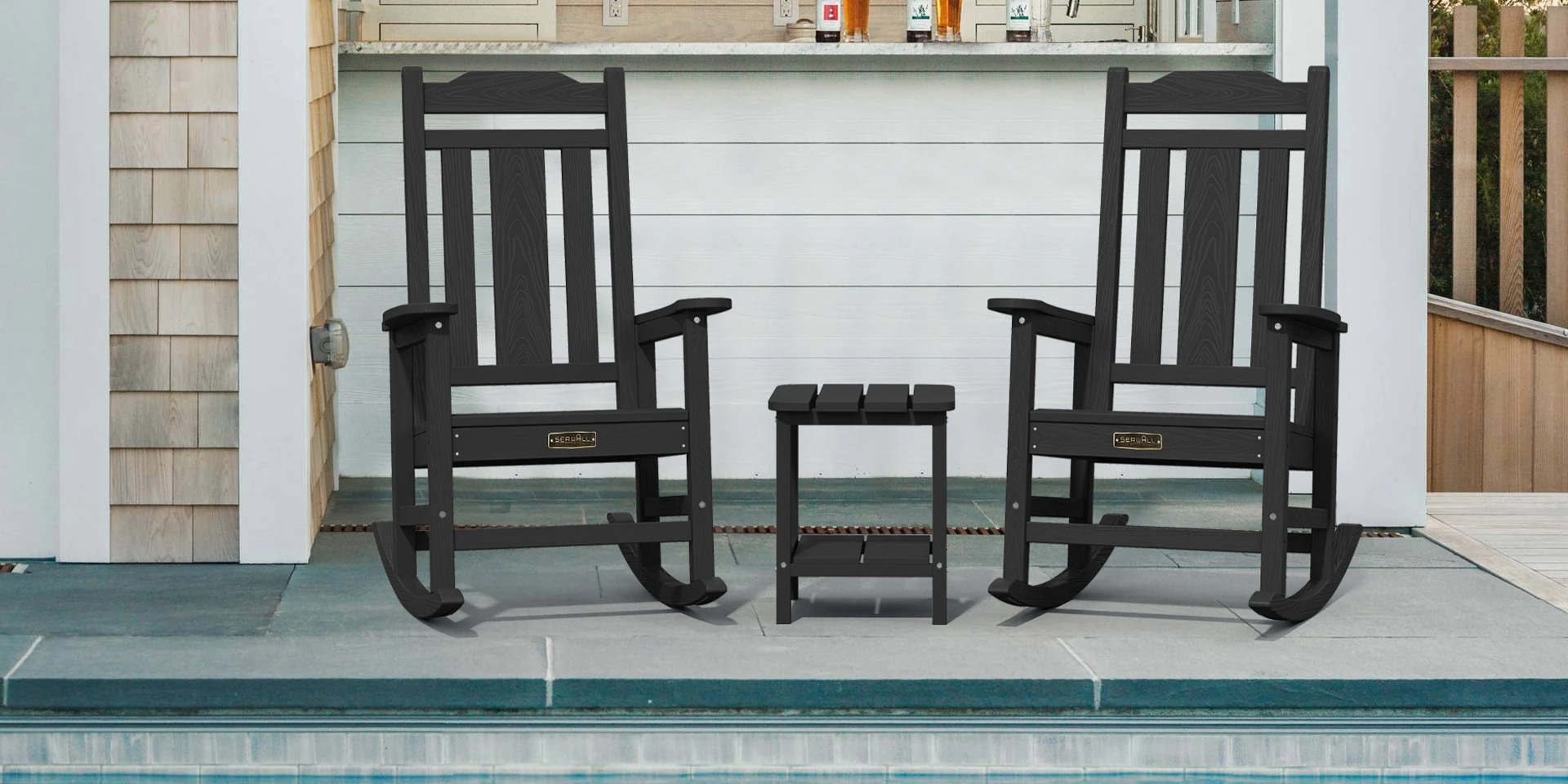 Two Black Traditional Porch Rocking Chairs with Side Table