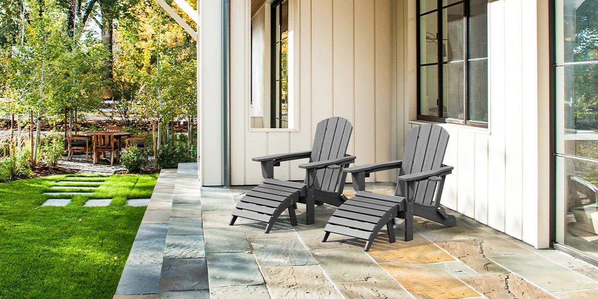 Two Classic Folding Adirondack Chair with Two Cup Holders on the Front Porch