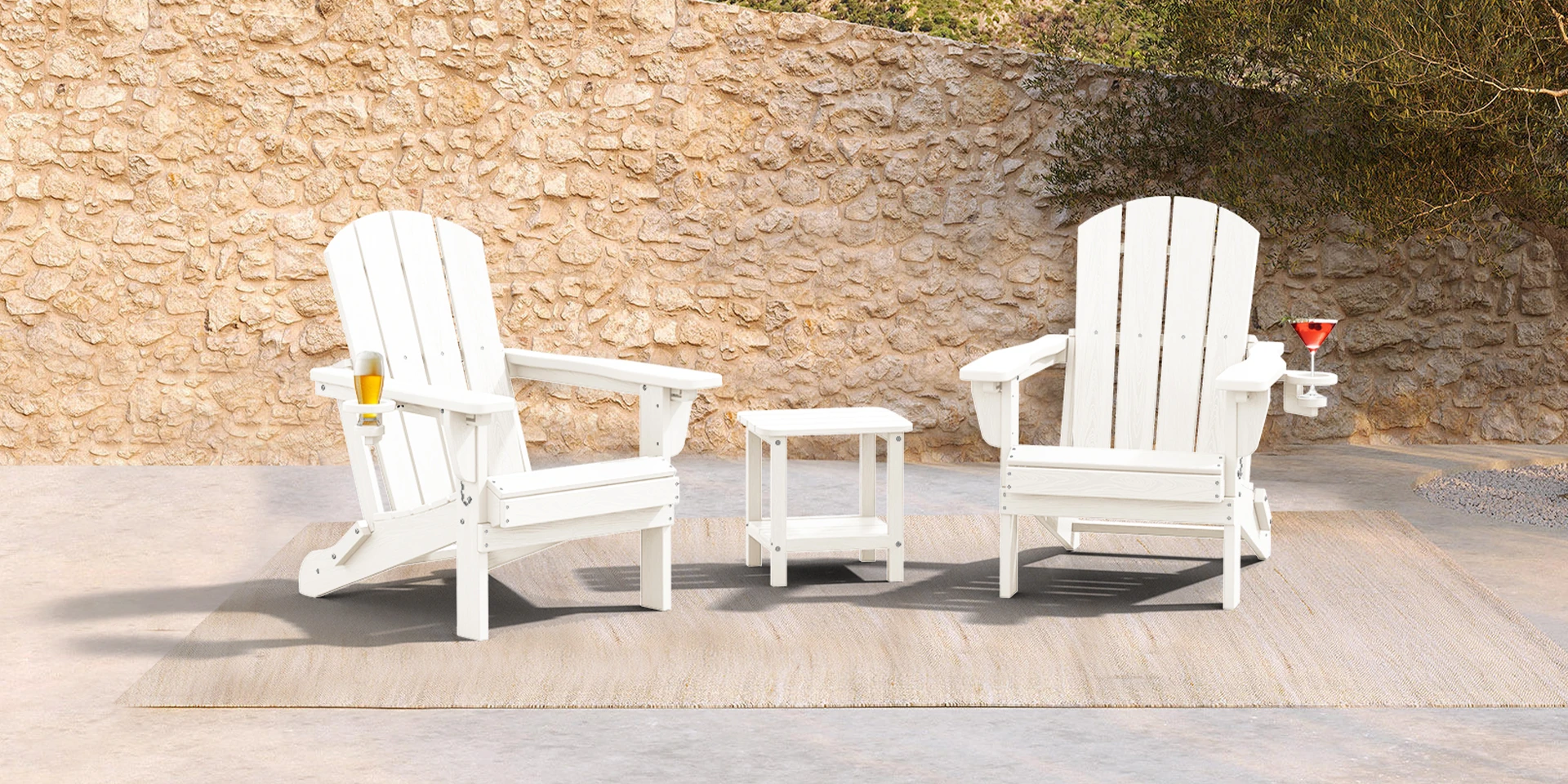 Two White Reclining Folding Adirondack Chairs with side table