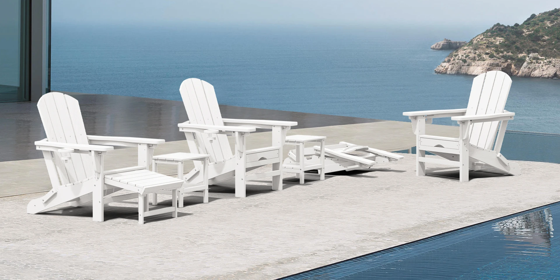 White Reclining Folding Adirondack Chairs with Ottoman